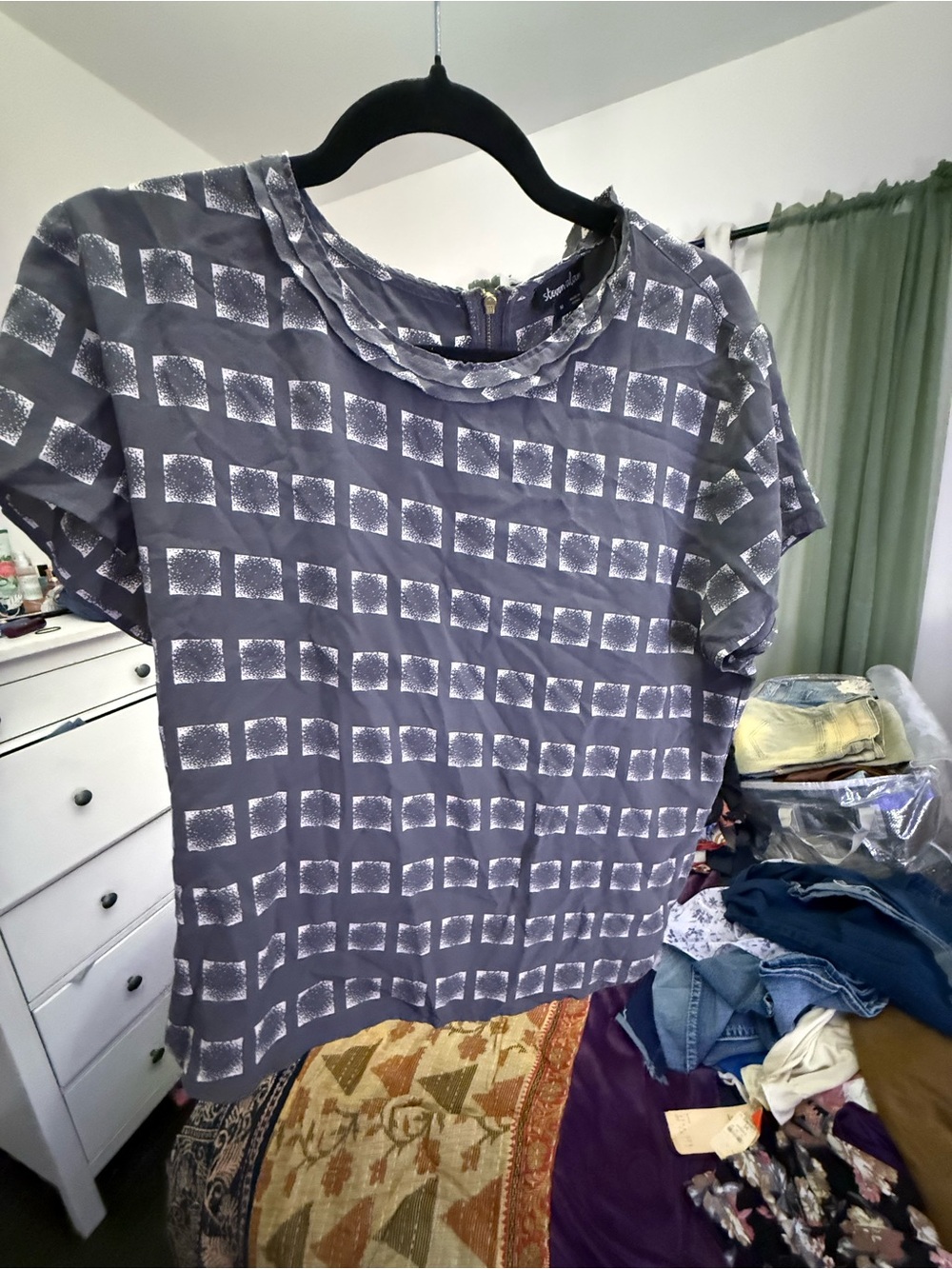 Steven Alan Slate Gray Short Sleeve Square Print Blouse